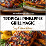 Grilled chicken skewers with pineapple chunks, teriyaki glaze, and fresh herbs on a rustic plate.